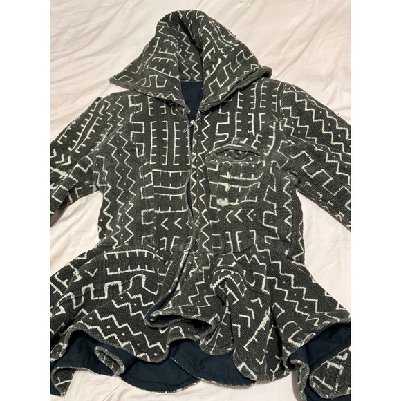 Unique Geometric Print Mud Cloth Peplum Jacket Bell Sleeves Collar - Picture 5 of 7